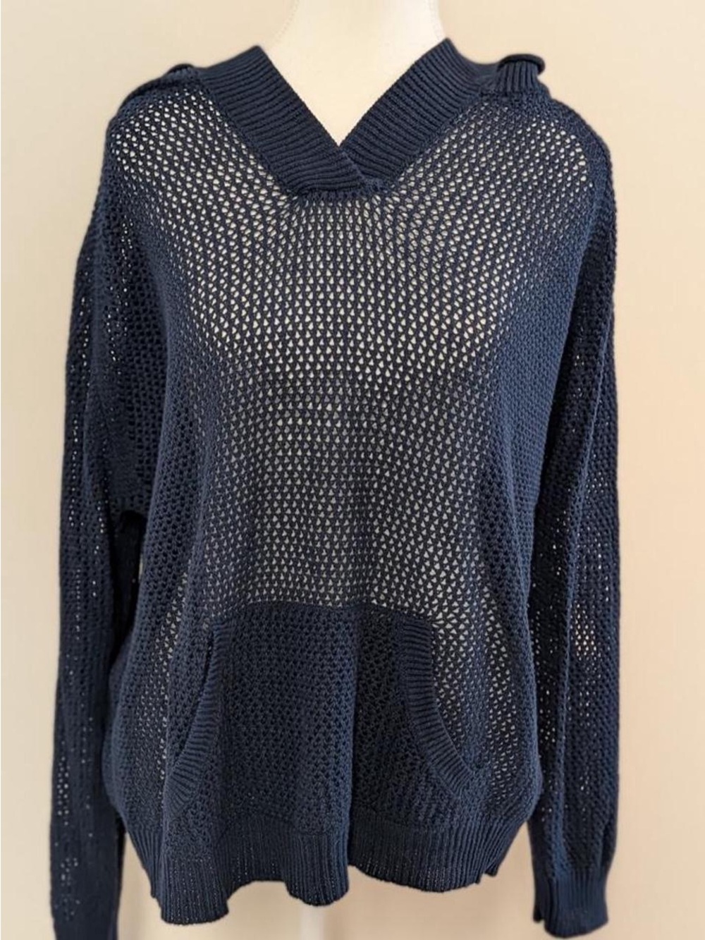 Y2K Open-Knit V-Neck Hoodie Sweater in Navy - Women